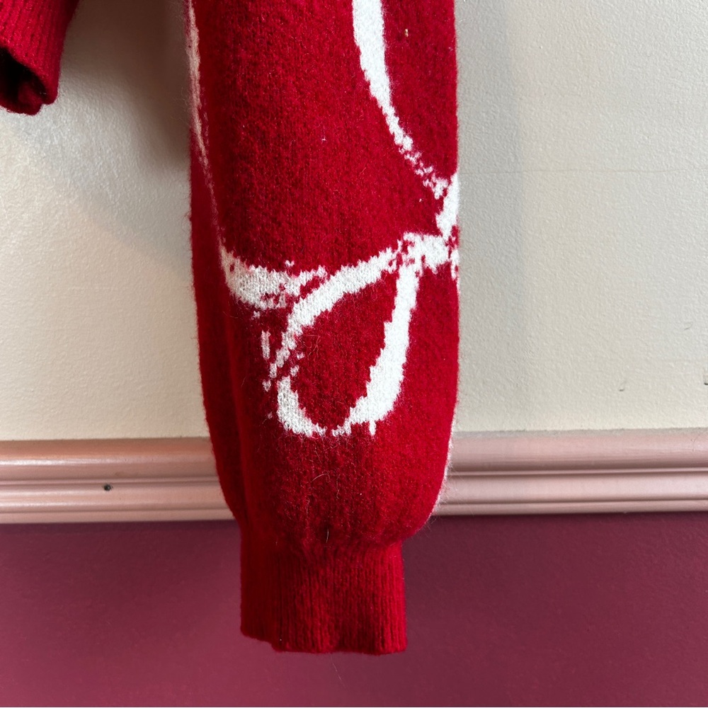 Cider Red Crewneck Sweater with Cream Ribbon Pattern - Picture 3 of 6
